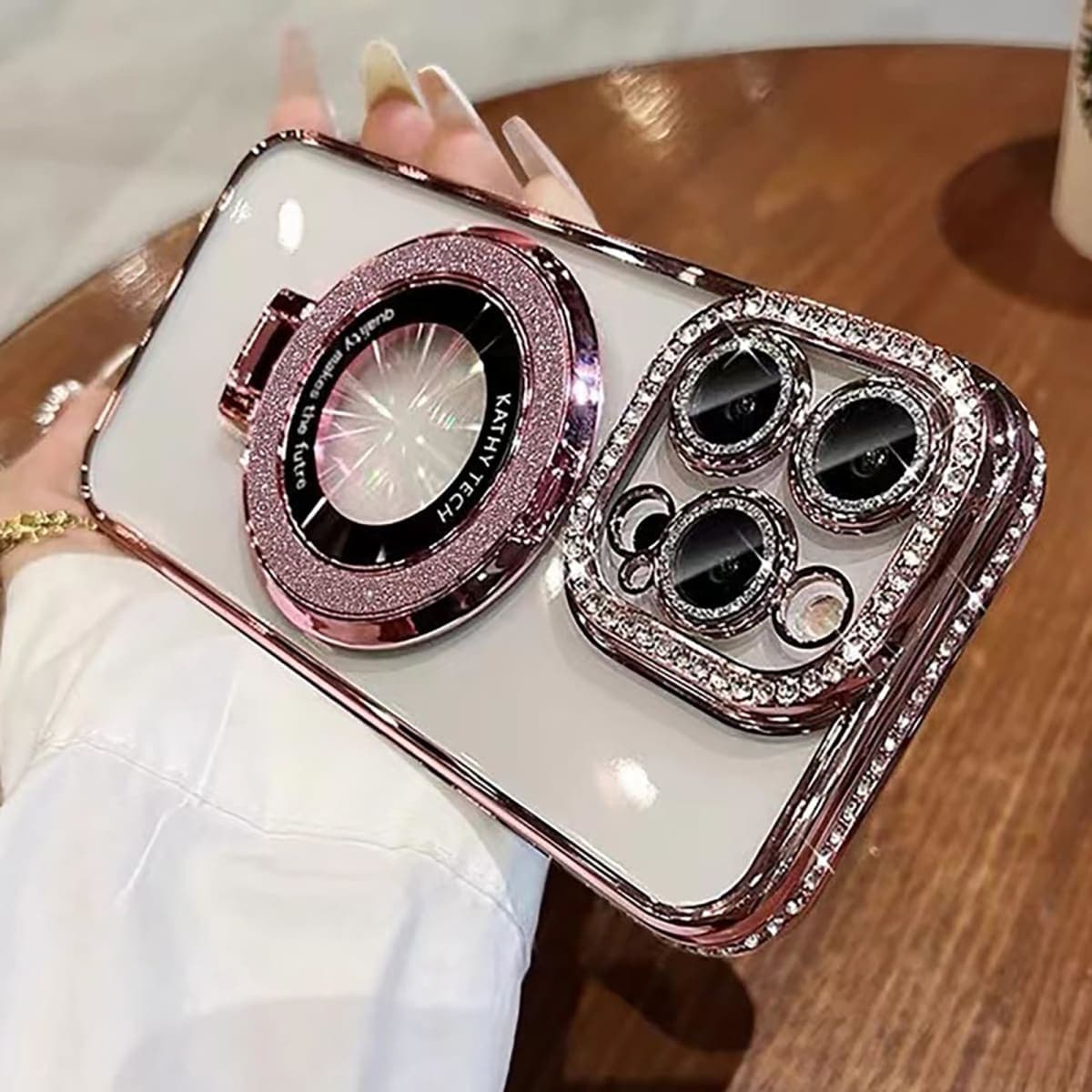 Luxury Bling Diamond for Phone 17 Pro - Clear Transparent Back with Glitter Card & Sparkling Rhinestones, Magnetic Kickstand, Shockproof Protection - Dazzling Cover for Women Pink thumbnail 3