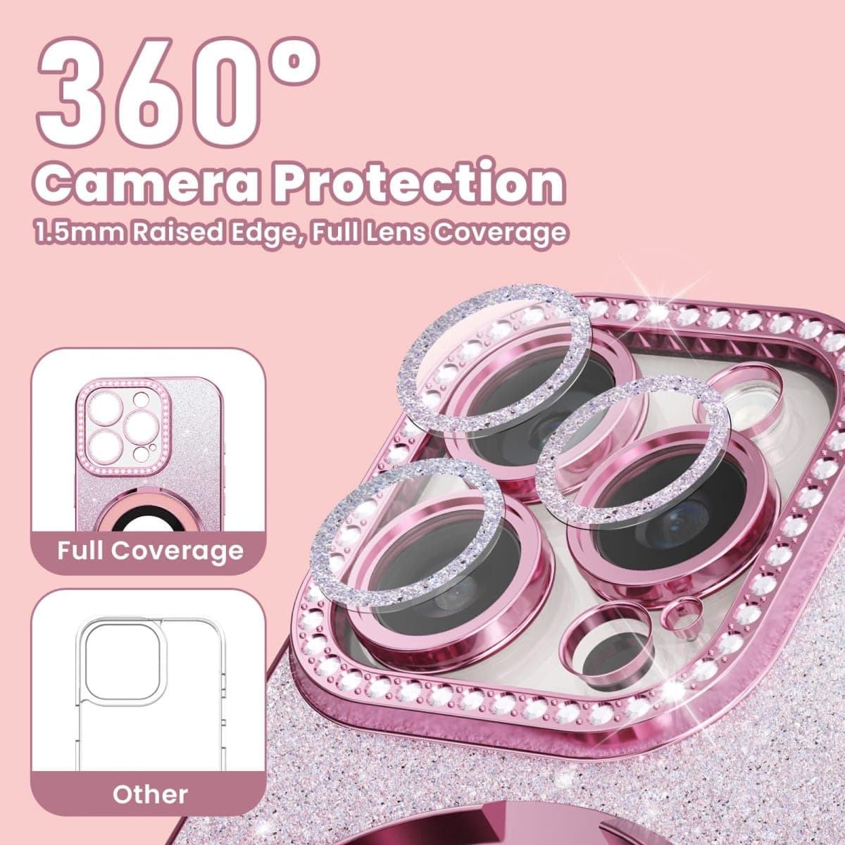 Luxury Bling Diamond for Phone 17 Pro - Clear Transparent Back with Glitter Card & Sparkling Rhinestones, Magnetic Kickstand, Shockproof Protection - Dazzling Cover for Women Pink thumbnail 5