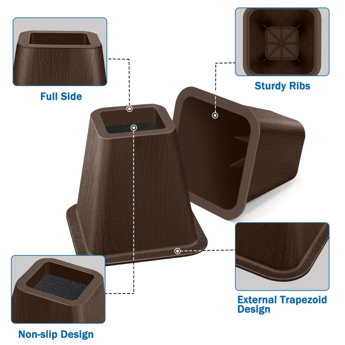 ANNKUT 6 Inch Heavy Duty Bed Risers, Furniture Risers for Desk, Chair, Table or Sofa, Couch Lift Risers, Supports up to 2200 lbs per Leg(4 Pack Brown) thumbnail 3