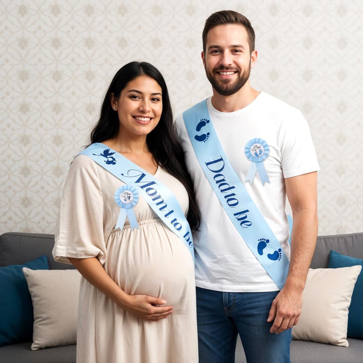 DOPENSPI 4PCS Mom to be and Dad to be Baby Shower Sash with Corsage Pin, Blue Satin Baby Shower Decorations for New Mom Dad Gender Reveal Party Decorations thumbnail 3