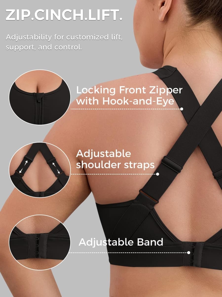 Aoysky High Impact Adjustable Sports Bras for Women Plus Size Front Zip Criss Cross Bras with Removable Pads Workout Running, Black, 4X-Large Plus thumbnail 2