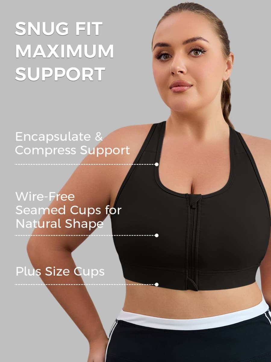 Aoysky High Impact Adjustable Sports Bras for Women Plus Size Front Zip Criss Cross Bras with Removable Pads Workout Running, Black, 4X-Large Plus thumbnail 3