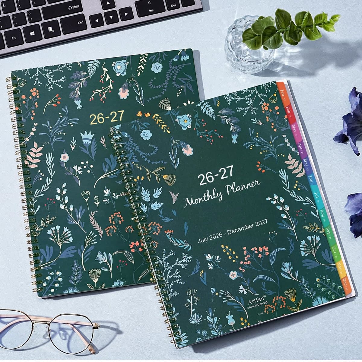 2026-2027 Monthly Planner - Planner 2026-2027, Monthly Calendar 26-27, Jul. 2026 - Dec. 2027, 9" x 11", 18 Month with Colourful Tabs & Pocket, Flexible Cover, Twin-Wire Binding, Thick Paper - Green thumbnail 2