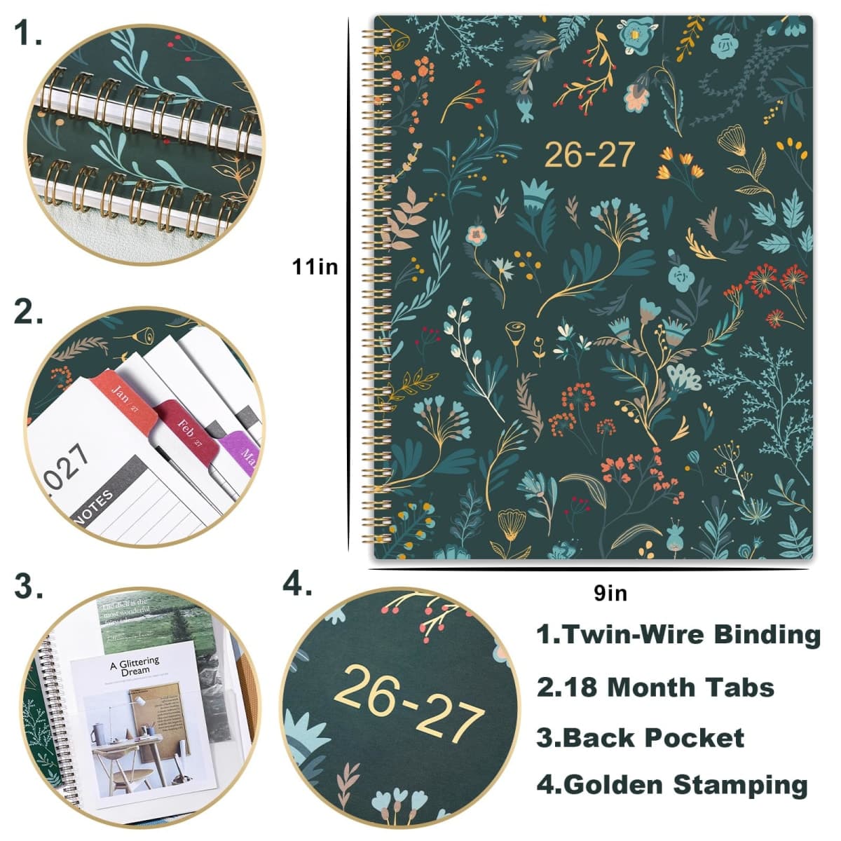 2026-2027 Monthly Planner - Planner 2026-2027, Monthly Calendar 26-27, Jul. 2026 - Dec. 2027, 9" x 11", 18 Month with Colourful Tabs & Pocket, Flexible Cover, Twin-Wire Binding, Thick Paper - Green thumbnail 3
