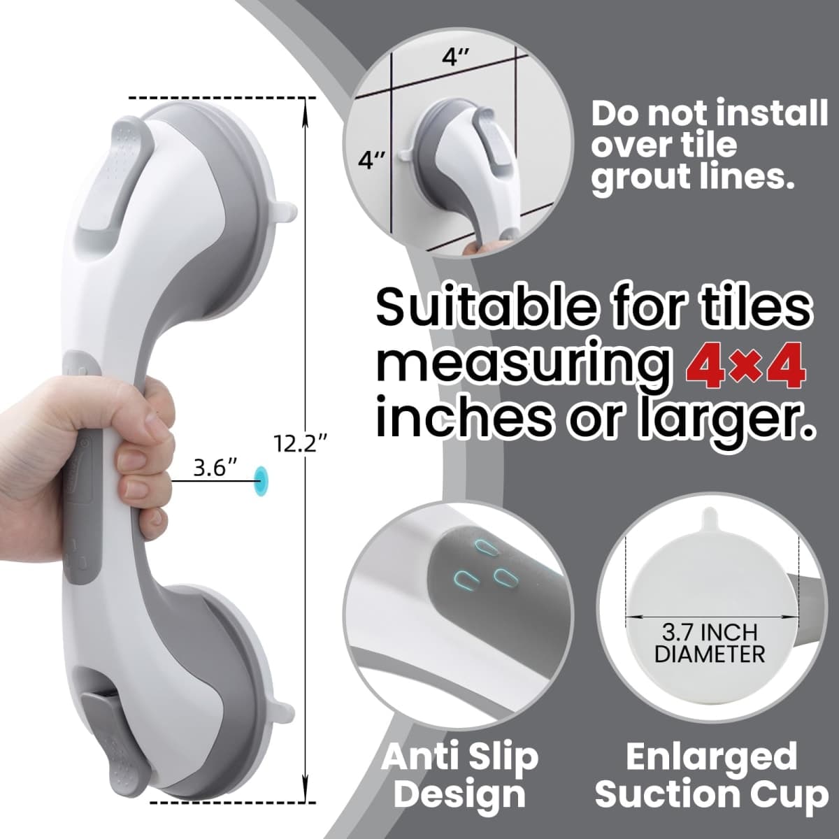 TAILI Shower Suction Cup Grab Bar Bathtubs Handrails for Seniors Elderly, No Drilling Waterproof, Dark Grey, 2 Pack, 12 Inch thumbnail 3