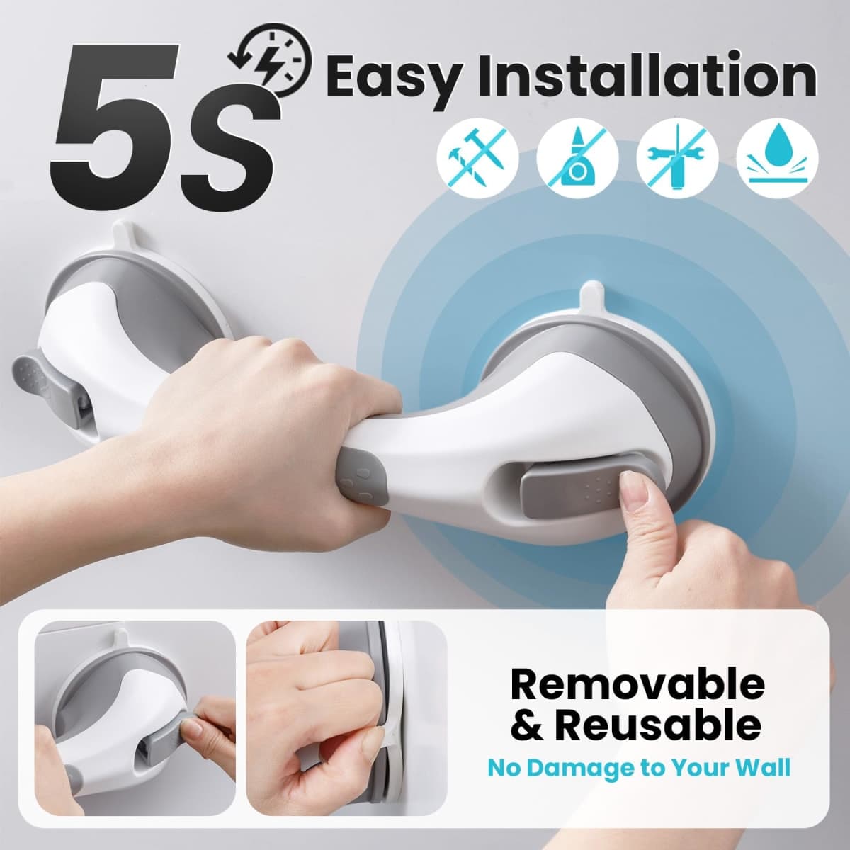 TAILI Shower Suction Cup Grab Bar Bathtubs Handrails for Seniors Elderly, No Drilling Waterproof, Dark Grey, 2 Pack, 12 Inch thumbnail 5