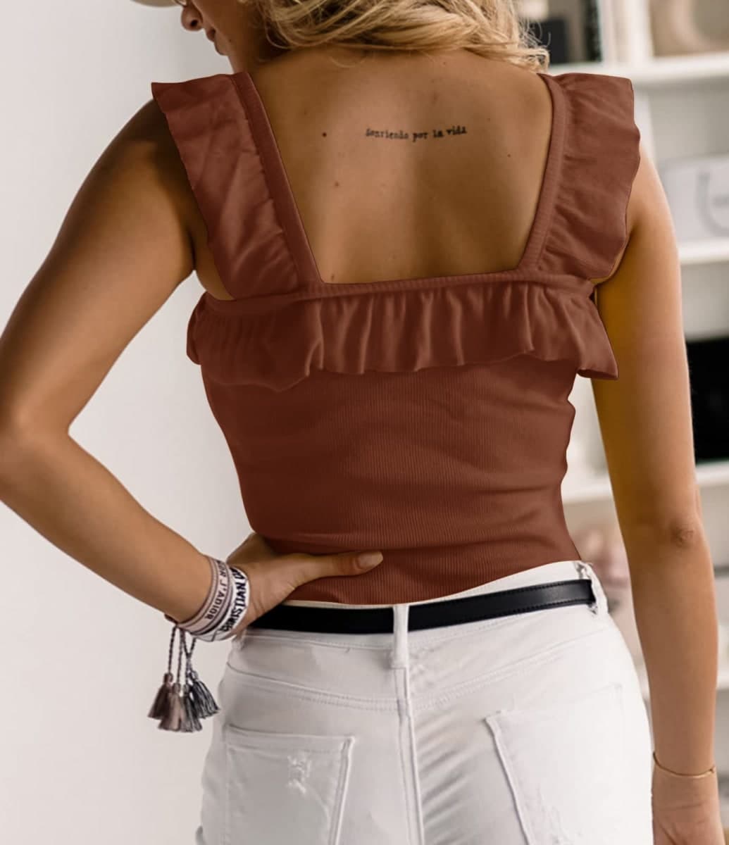 Womens Cute Sleeveless Tank Tops Ruffle Strap Square Neck Blouse Solid Color Knitted Camisole, Brown, X-Large thumbnail 3