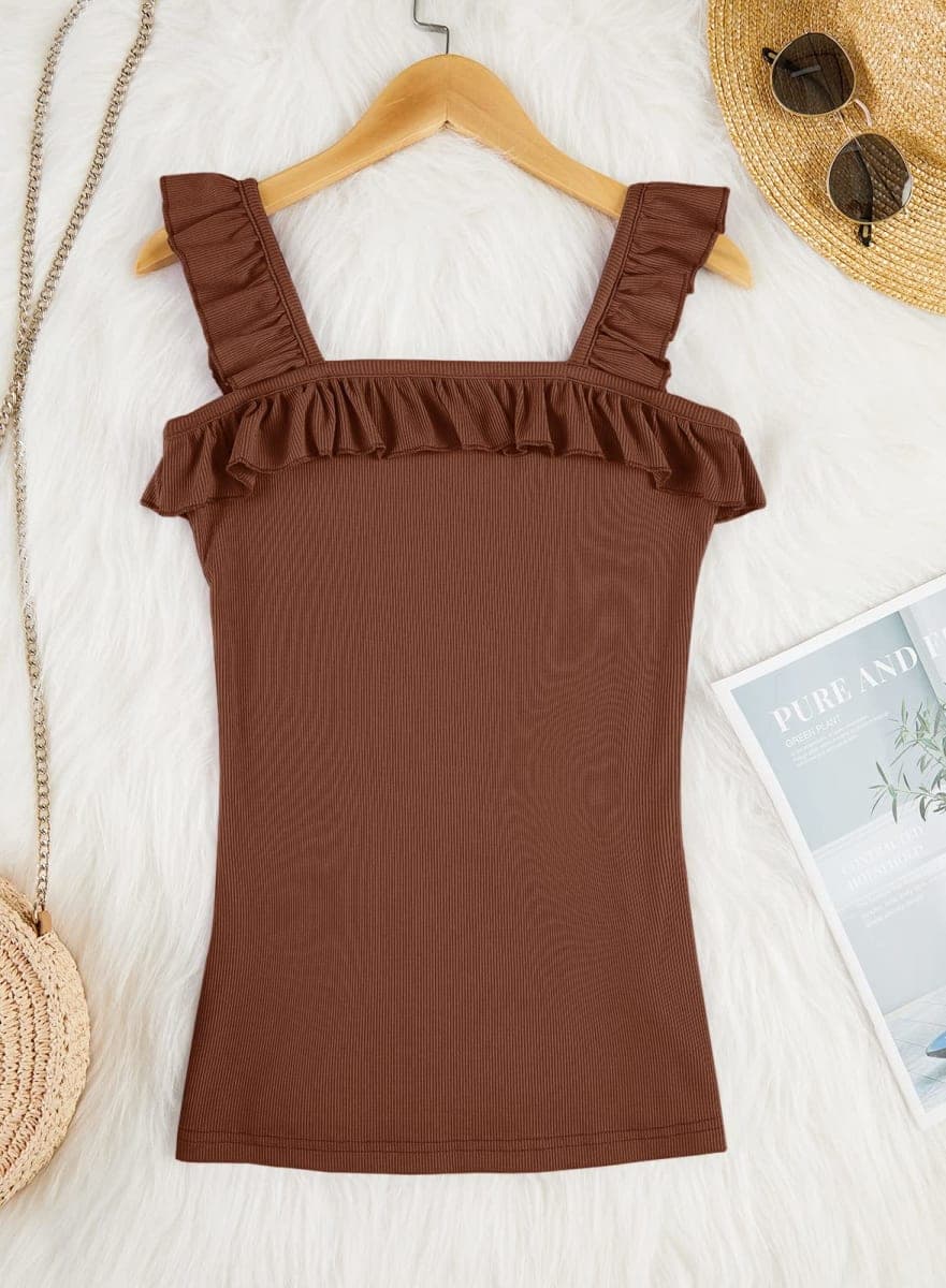 Womens Cute Sleeveless Tank Tops Ruffle Strap Square Neck Blouse Solid Color Knitted Camisole, Brown, X-Large thumbnail 5