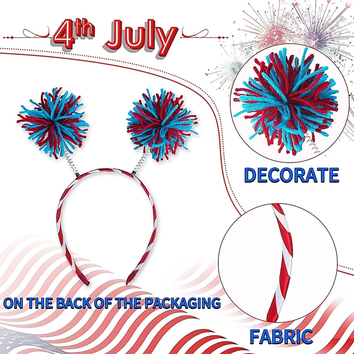 Doneace 4th of July Headband Patriotic Pom Pom Headband Blue Red White Design Ribbon Head Bopper Hair Hoop Independence Day Hair Accessories Cute Fluffy Ball Hair Band for Women Girls Kids 1Pcs… thumbnail 2