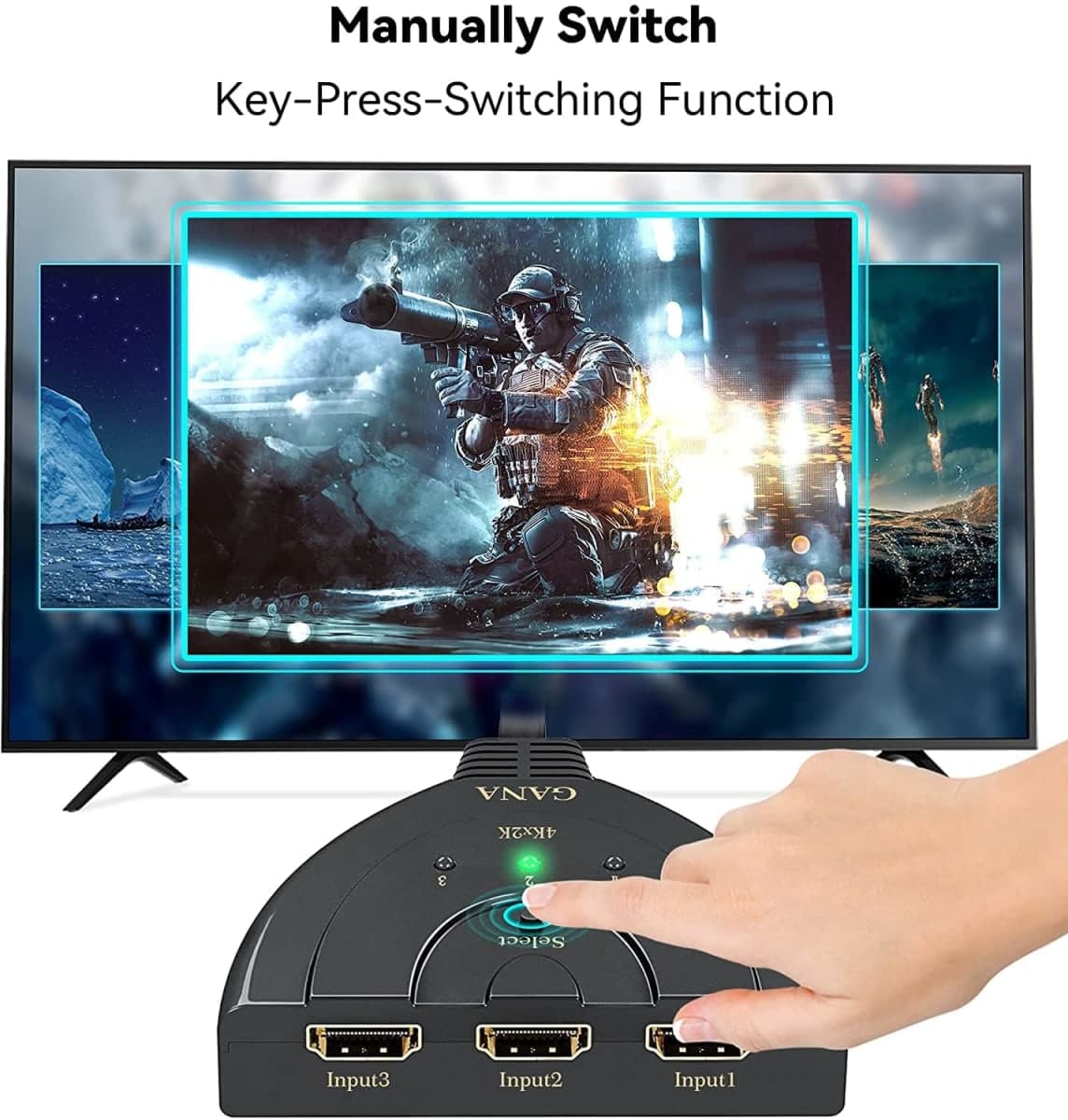 HDMI Switch, GANA 4K HDMI Splitter 3 in 1 Out, 3-Port Switcher Selector with Pigtail HDMI Cable,Supports Full HD 4K 30Hz 1080P 3D Player, Compatible with PS4/3, Xbox, Fire Stick, Roku, PC,TV thumbnail 3