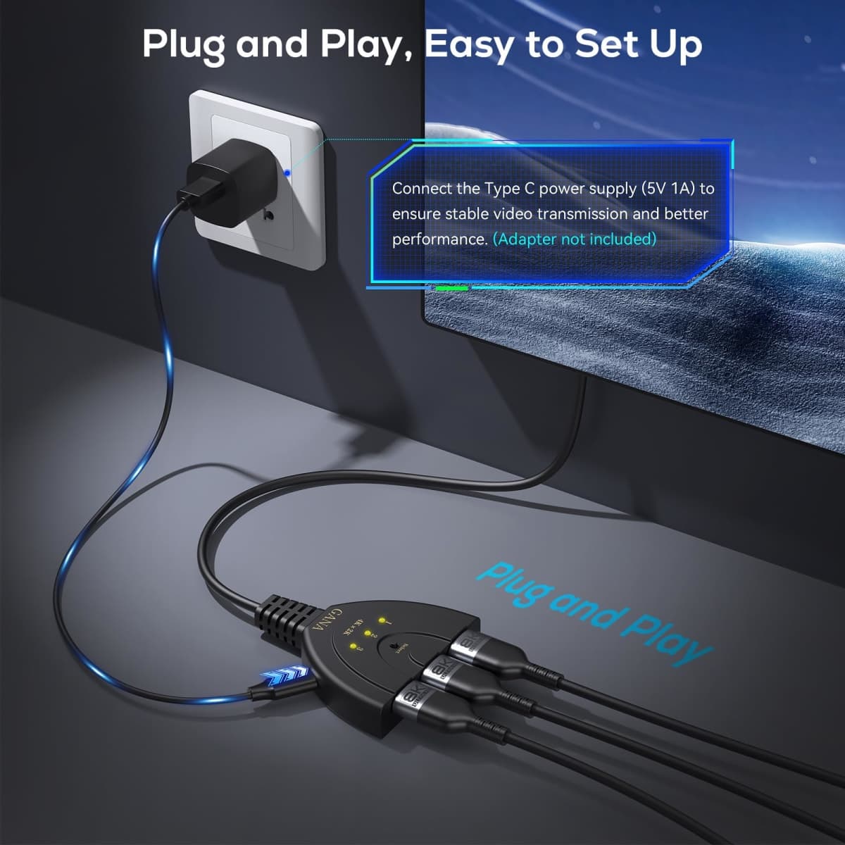 HDMI Switch, GANA 4K HDMI Splitter 3 in 1 Out, 3-Port Switcher Selector with Pigtail HDMI Cable,Supports Full HD 4K 30Hz 1080P 3D Player, Compatible with PS4/3, Xbox, Fire Stick, Roku, PC,TV thumbnail 4