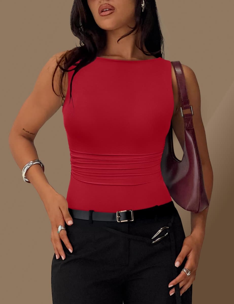 SAUNGKUAI Women's Sleeveless Shirts Mesh Ruched Bodysuit Double Lined Boat Neck Body Suits Going Out Tops Date Outfits, Red, Small thumbnail 3