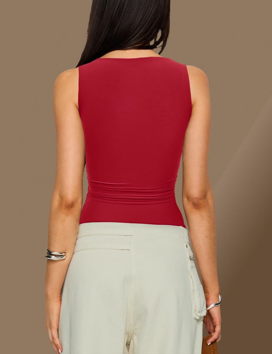 SAUNGKUAI Women's Sleeveless Shirts Mesh Ruched Bodysuit Double Lined Boat Neck Body Suits Going Out Tops Date Outfits, Red, Small thumbnail 5