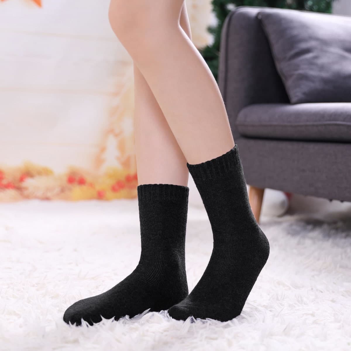 LINEMIN Wool Socks for Women Winter Warm Hiking Thick Warm Cozy Boot Crew Gift Socks 5 Pairs, Black, One Size thumbnail 2