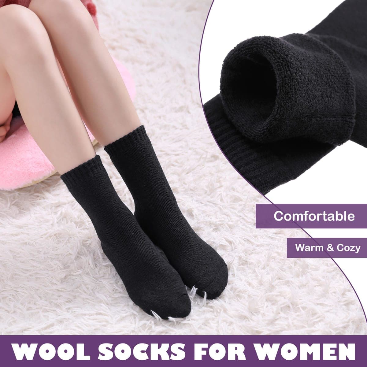 LINEMIN Wool Socks for Women Winter Warm Hiking Thick Warm Cozy Boot Crew Gift Socks 5 Pairs, Black, One Size thumbnail 4