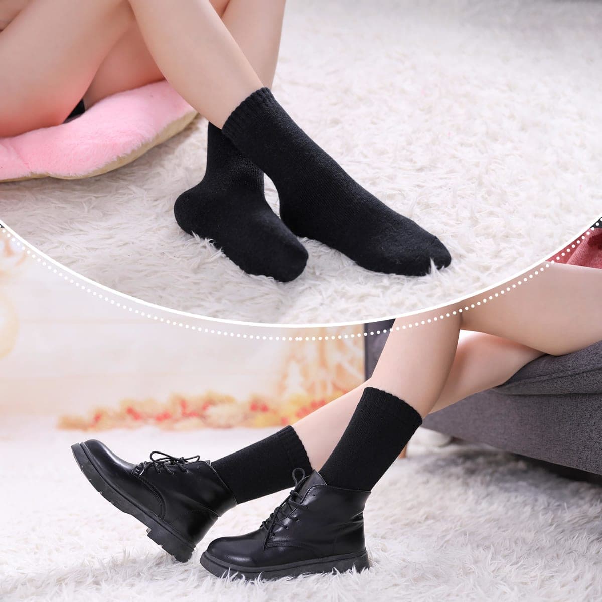 LINEMIN Wool Socks for Women Winter Warm Hiking Thick Warm Cozy Boot Crew Gift Socks 5 Pairs, Black, One Size thumbnail 5