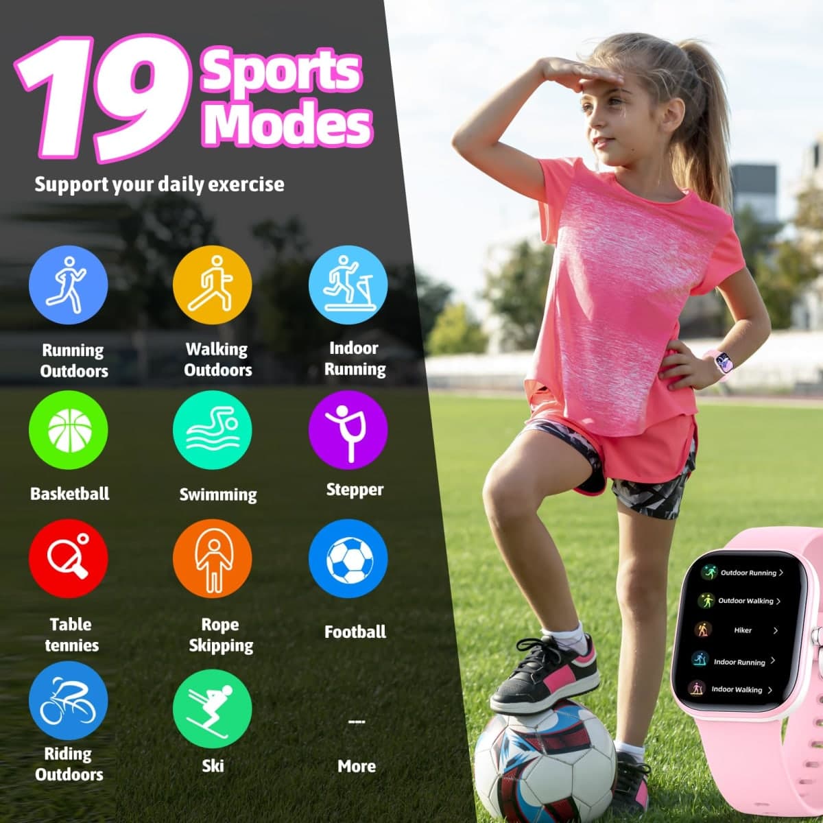 Nyonio Kids Watch with Fitness Tracker No Phone/APP Needed,19 Sport Mode,1.5" DIY Dial,IP68 Waterproof,Sleep Monitor,Pedometers,Heart Rate,Great Birthday Gift for Boys Girls Teens 6-14 (Pink) thumbnail 3
