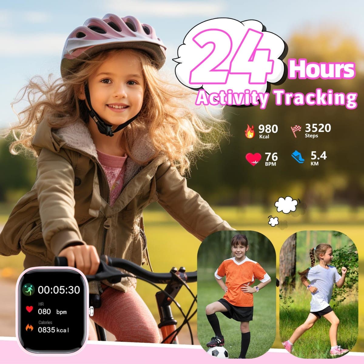 Nyonio Kids Watch with Fitness Tracker No Phone/APP Needed,19 Sport Mode,1.5" DIY Dial,IP68 Waterproof,Sleep Monitor,Pedometers,Heart Rate,Great Birthday Gift for Boys Girls Teens 6-14 (Pink) thumbnail 4