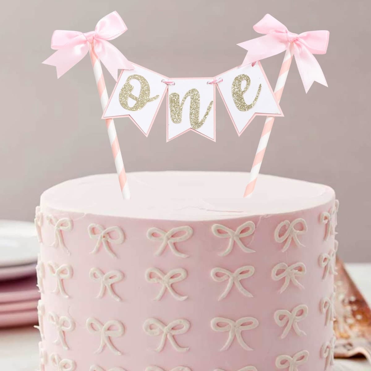 Pink Bow Ribbon Cake Topper - Bow Birthday Cake Topper,Coquette Themed Party Supplies,She's Tying The Knot,Bow 1st Birthday Cake Smash thumbnail 3