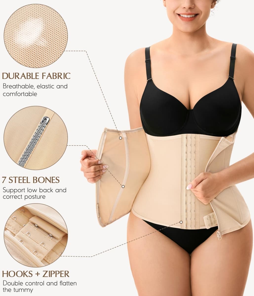 MERYOSZ Zipper Waist Trainer for Women - Mesh Corset Shapewear Tummy Control Body Shaper Waist Cincher Postpartum Girdle, Beige, Medium thumbnail 5