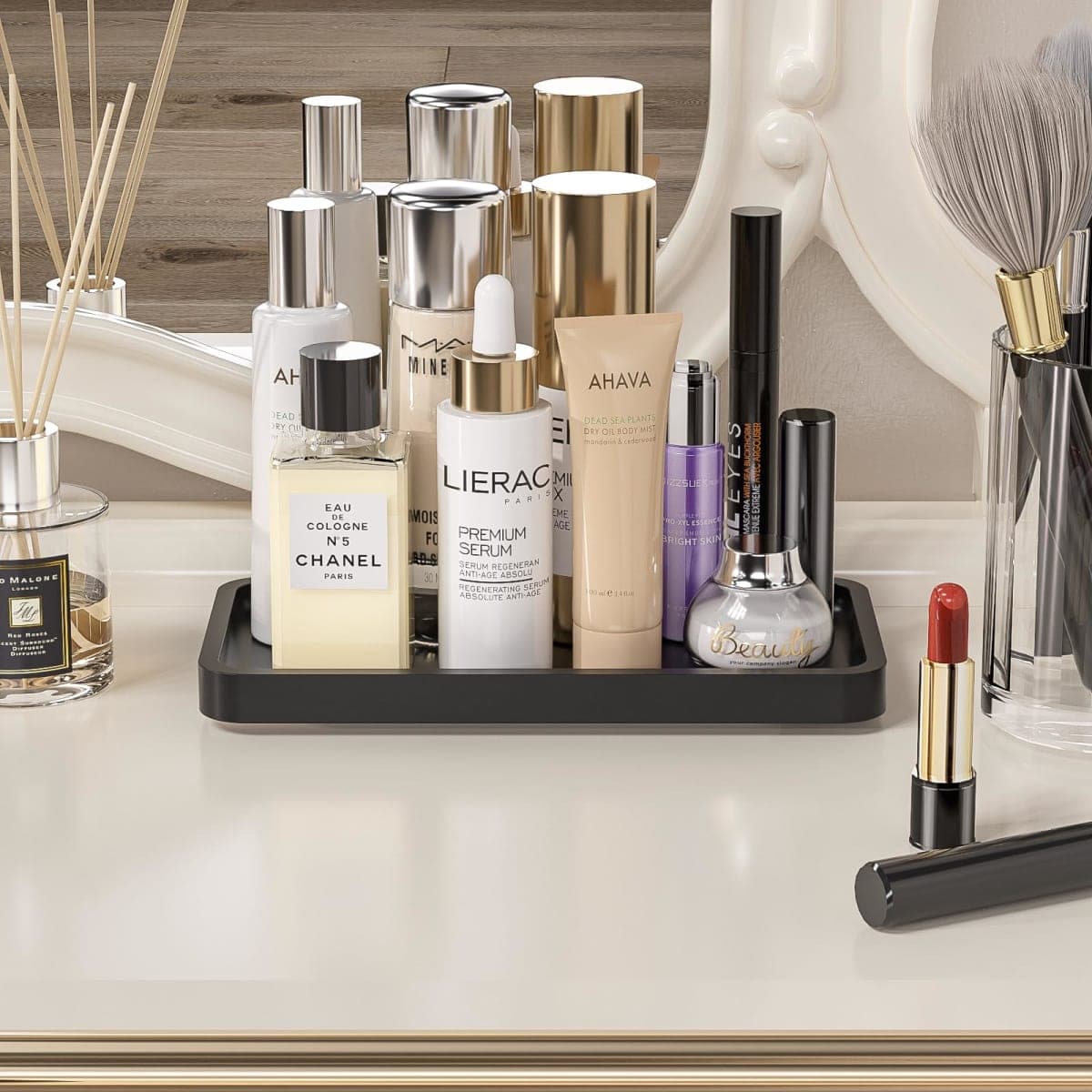 Weenson Small Bathroom Vanity Tray for Countertop Makeup Perfume Jewelry Decor Candle Keys, Small Black Kitchen Tray for Soap Dispenser Spice Bamboo Toilet Tray 7.9" L x 4" W x 0.79" H thumbnail 3