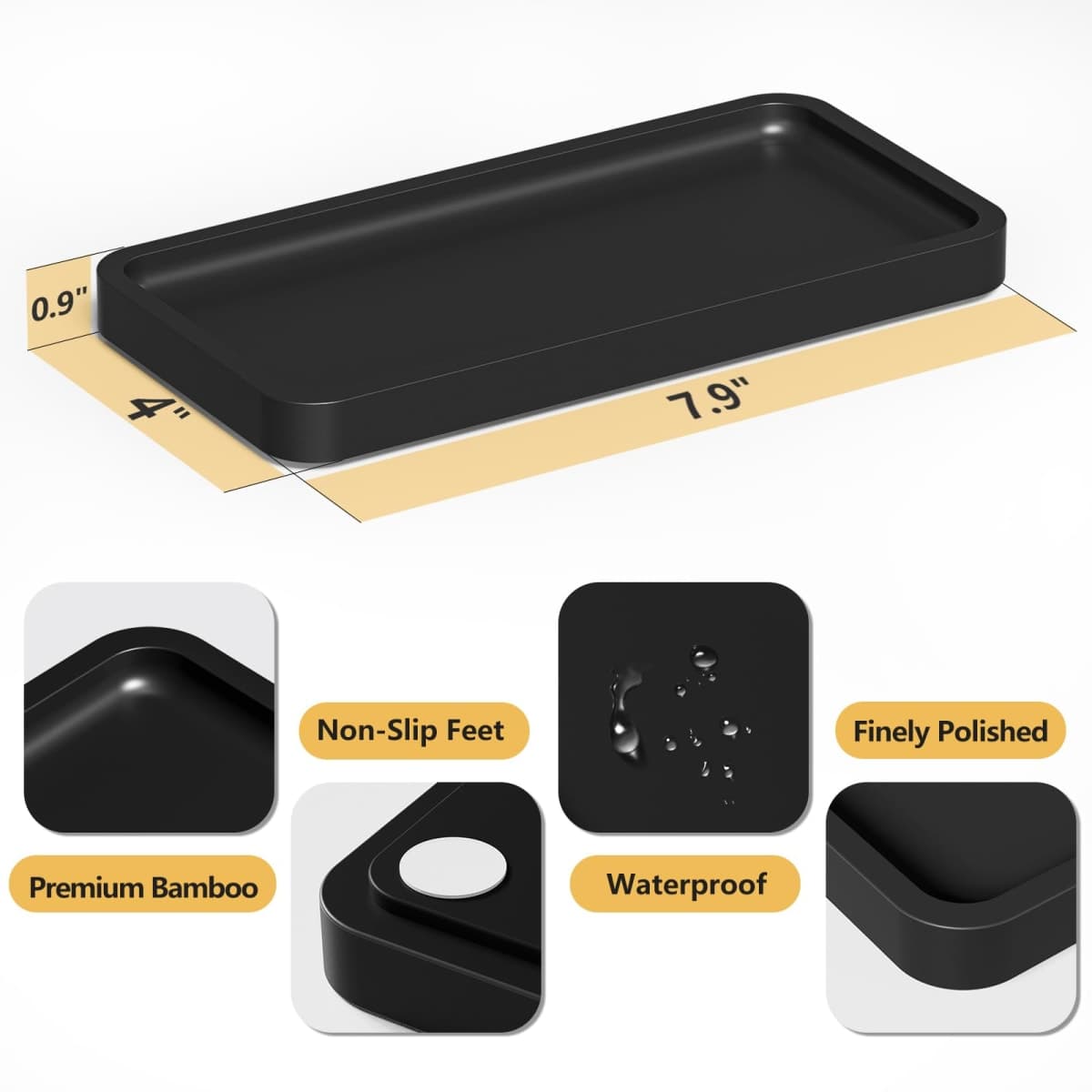 Weenson Small Bathroom Vanity Tray for Countertop Makeup Perfume Jewelry Decor Candle Keys, Small Black Kitchen Tray for Soap Dispenser Spice Bamboo Toilet Tray 7.9" L x 4" W x 0.79" H thumbnail 5