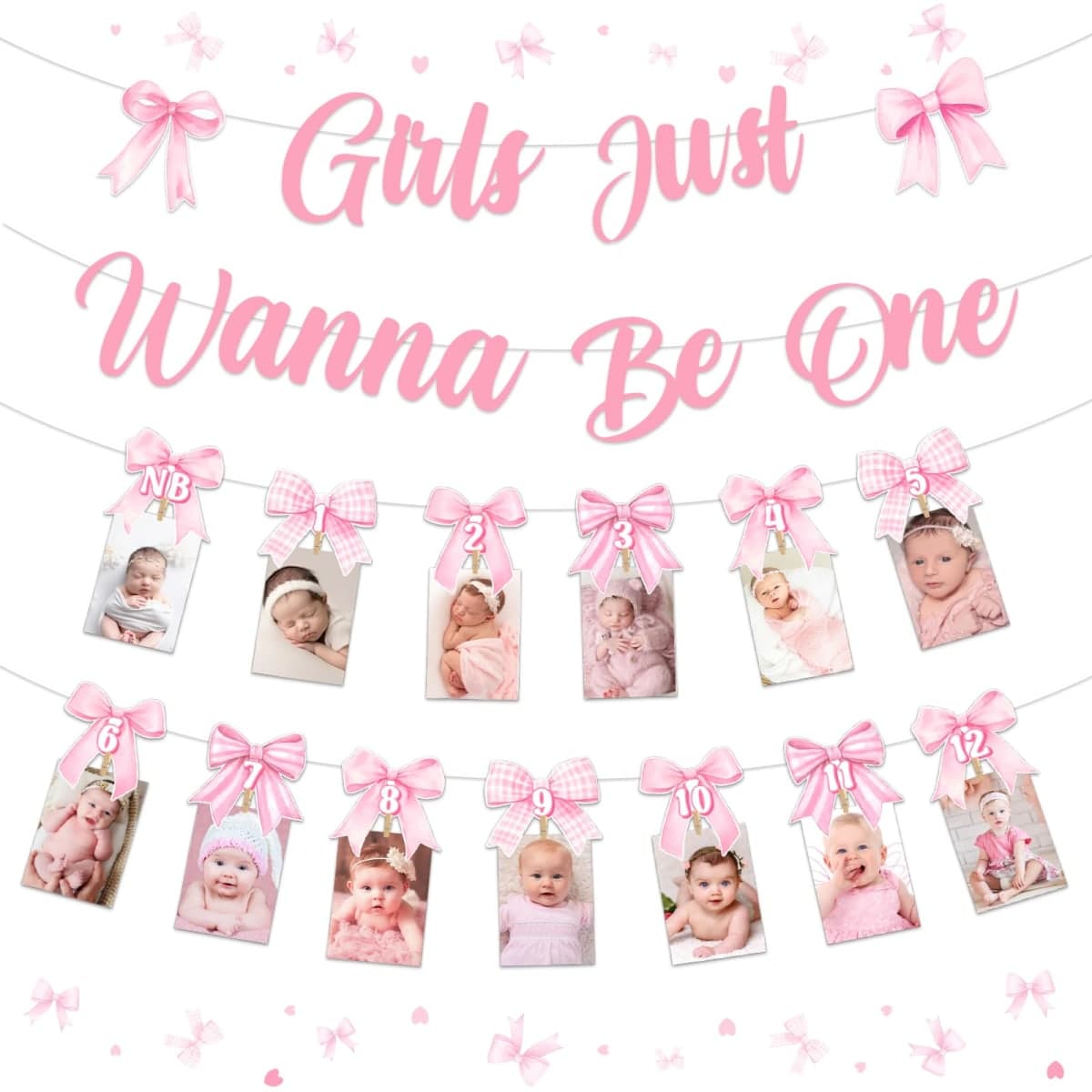 Funmemoir Pink Bow 1st Birthday Decorations Girls Just Wanna Be One Banner Monthly NB to 12 Month Photo Banner with Adhesive Clips for Coquette Bow Tie First Birthday Party Decoration — image 1