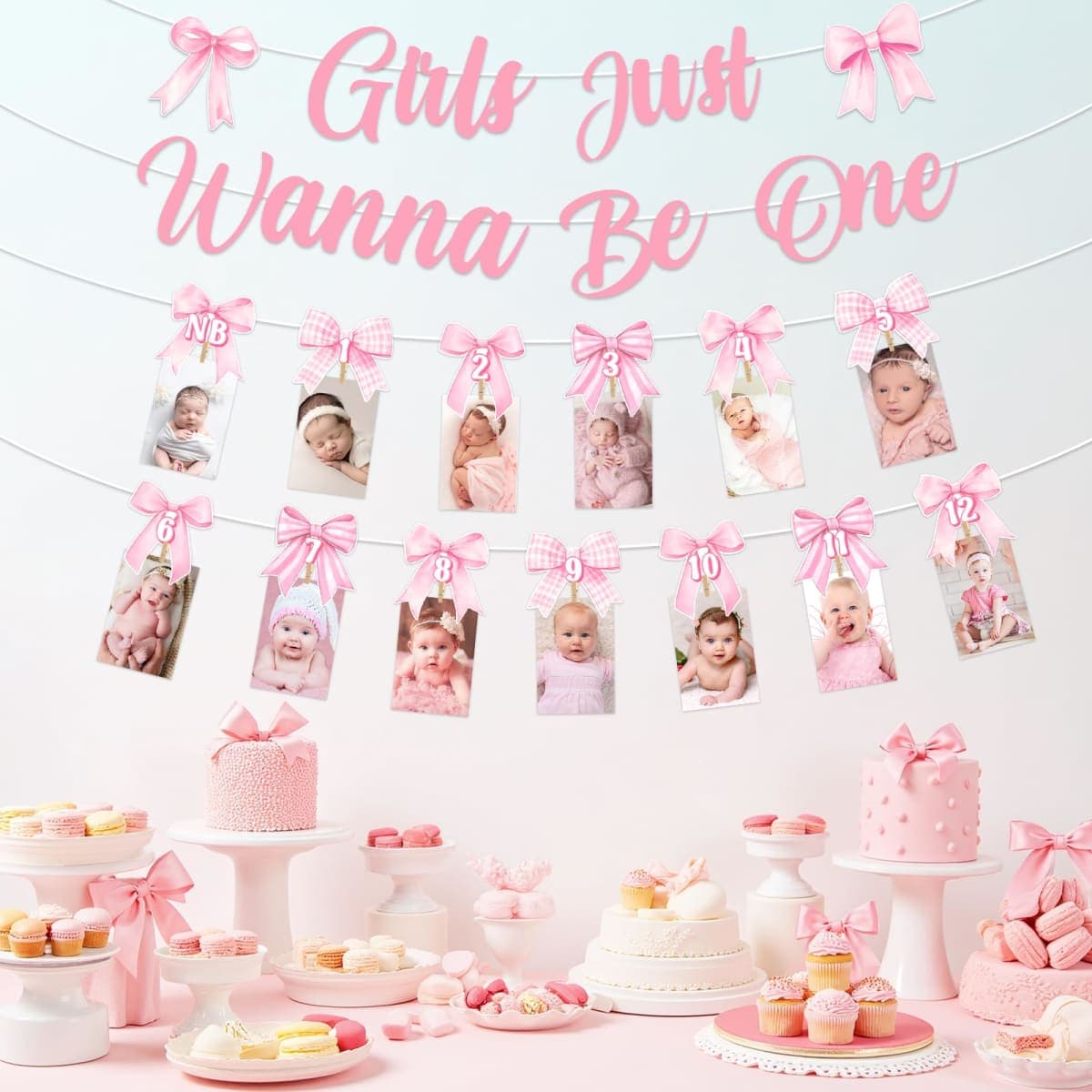 Funmemoir Pink Bow 1st Birthday Decorations Girls Just Wanna Be One Banner Monthly NB to 12 Month Photo Banner with Adhesive Clips for Coquette Bow Tie First Birthday Party Decoration thumbnail 2