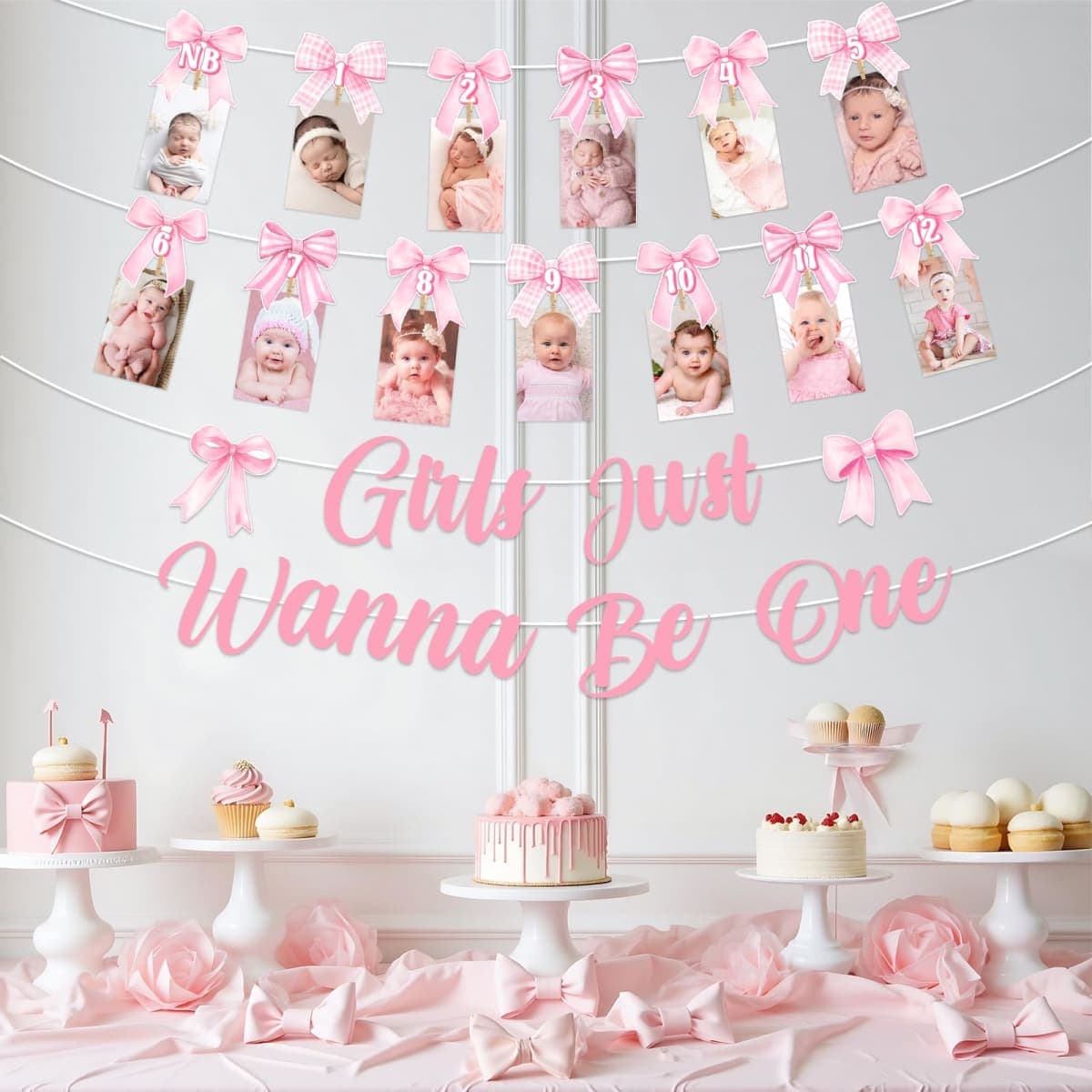Funmemoir Pink Bow 1st Birthday Decorations Girls Just Wanna Be One Banner Monthly NB to 12 Month Photo Banner with Adhesive Clips for Coquette Bow Tie First Birthday Party Decoration thumbnail 3