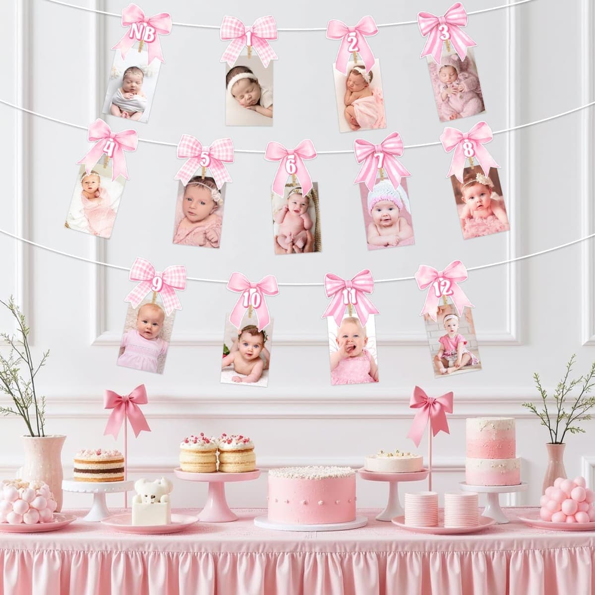 Funmemoir Pink Bow 1st Birthday Decorations Girls Just Wanna Be One Banner Monthly NB to 12 Month Photo Banner with Adhesive Clips for Coquette Bow Tie First Birthday Party Decoration thumbnail 4