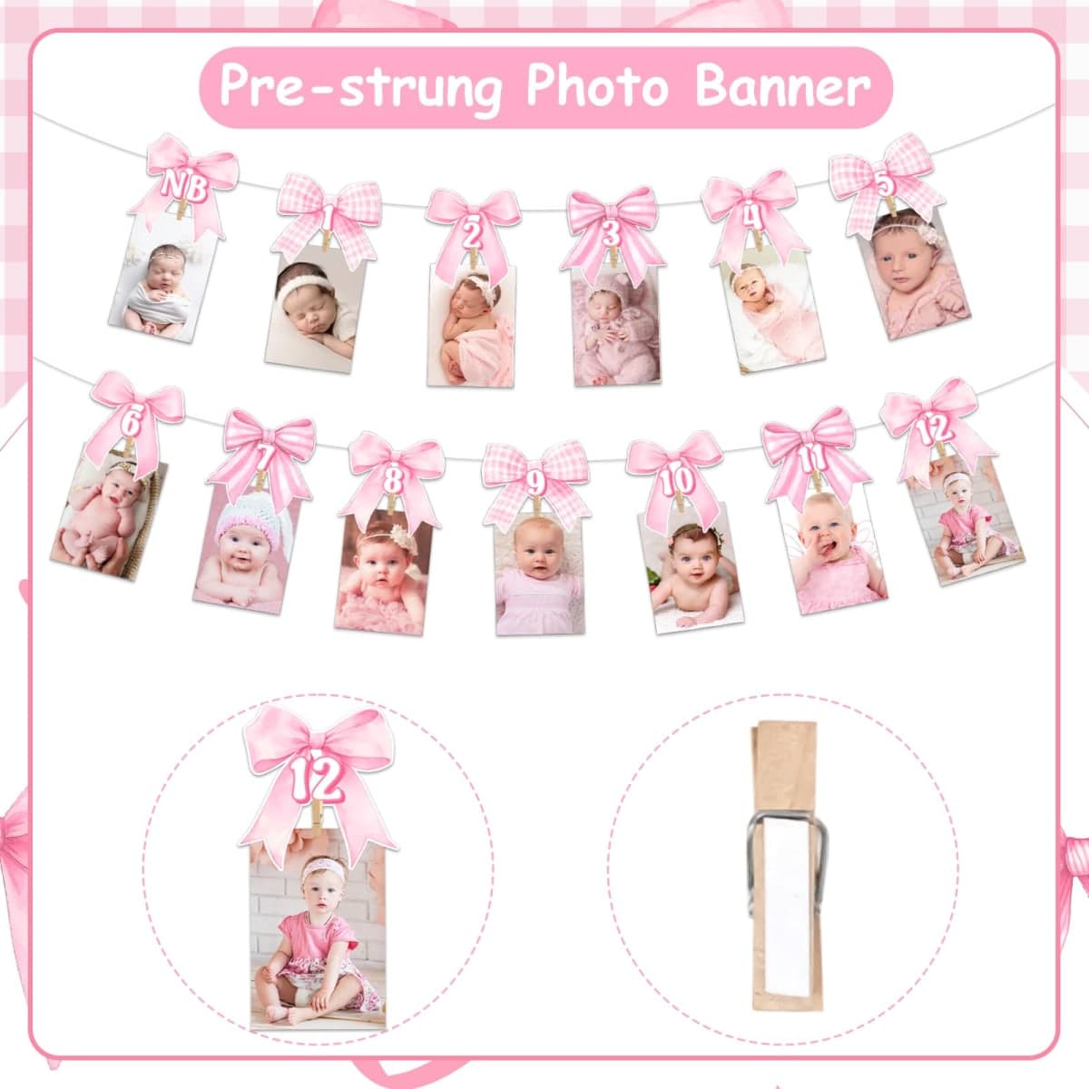 Funmemoir Pink Bow 1st Birthday Decorations Girls Just Wanna Be One Banner Monthly NB to 12 Month Photo Banner with Adhesive Clips for Coquette Bow Tie First Birthday Party Decoration thumbnail 5