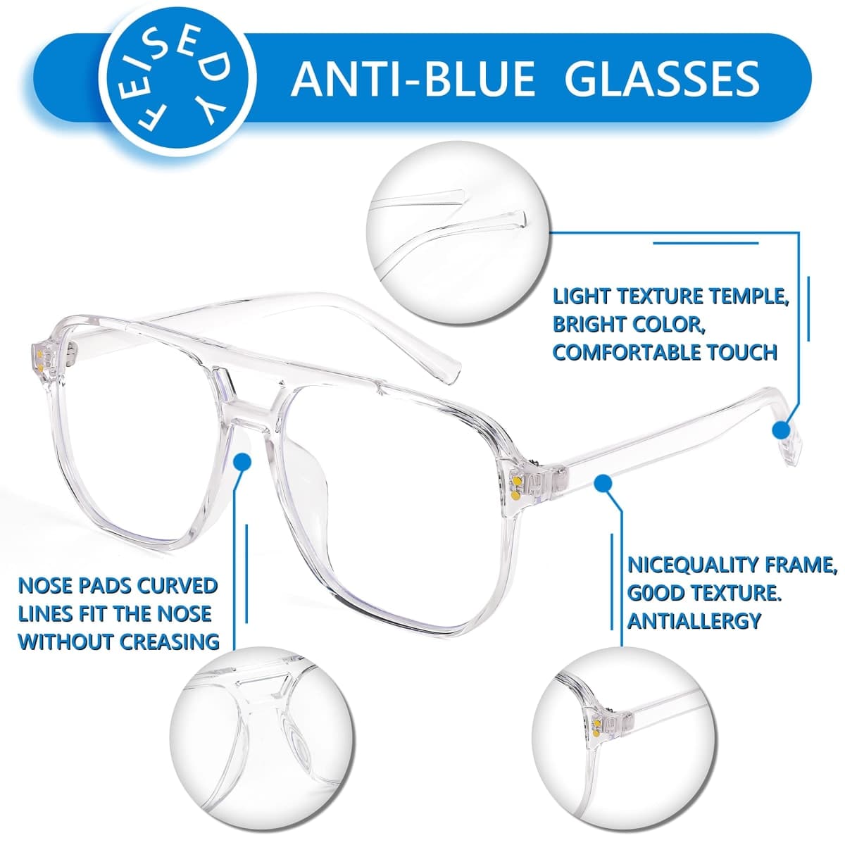 FEISEDY Blue Light Blocking Glasses Fake Nerd Clear Square Computer Lightweight Aviator Glasses Frame Oversized B2866 thumbnail 3