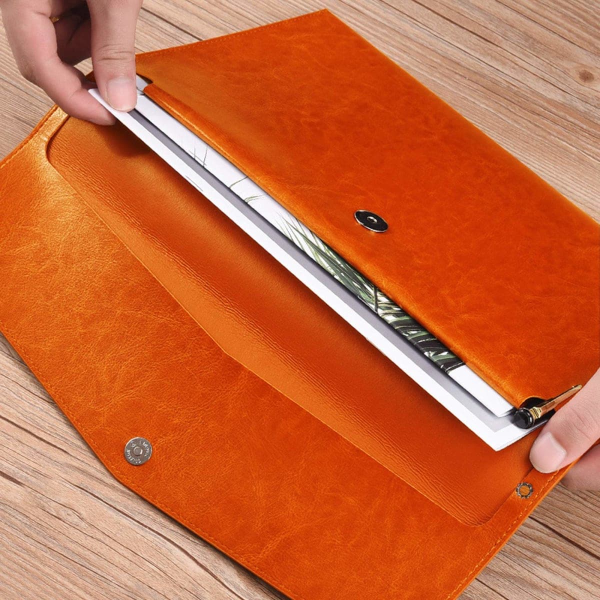 Enyuwlcm PU Leather A4 File Folder Document Holder Envelope Folder Case with Snap Closure for Receipt Contract (Orange) thumbnail 5