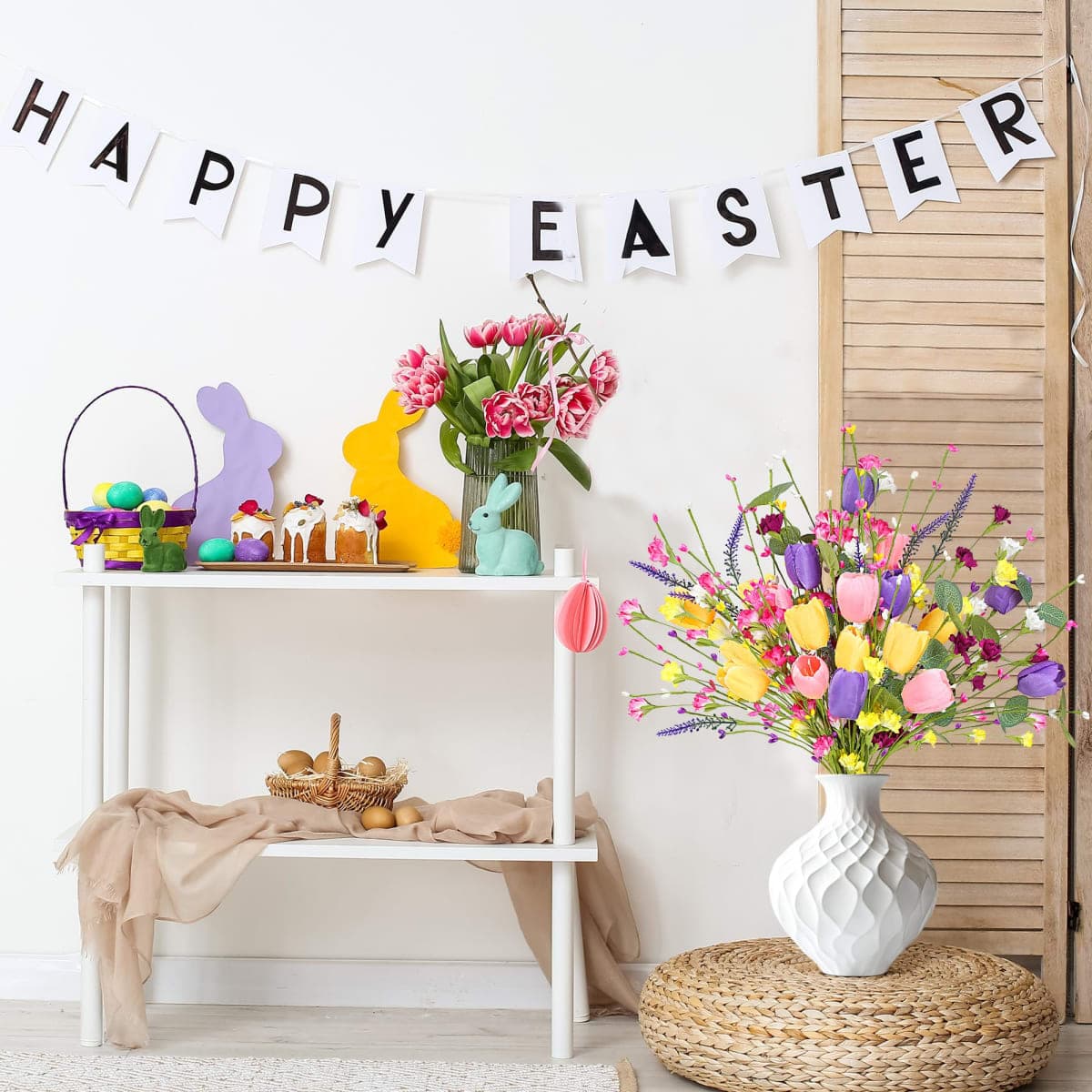 Sggvecsy Artificial Easter Stems 12 Pcs Spring Tulips Picks with Colorful Flower Silver Dollar Leaves Twig Branches for Easter Arrangement Centerpiece Easter Celebration Home Vase Decor thumbnail 2