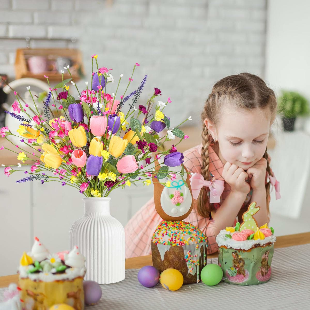 Sggvecsy Artificial Easter Stems 12 Pcs Spring Tulips Picks with Colorful Flower Silver Dollar Leaves Twig Branches for Easter Arrangement Centerpiece Easter Celebration Home Vase Decor thumbnail 4