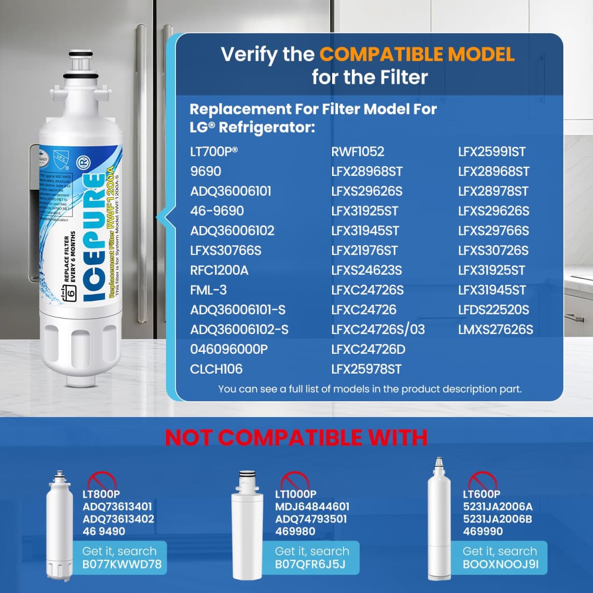 ICEPURE ADQ36006101 9690 Water Filter Replacement for LG LT700P, Kenmore Elite 46-9690 ADQ36006102, RWF1200A, CLCH106, RWF1052 LFX28968ST LFXS29626S LFXS30766S LFX31925ST LFX31945ST Refrigerator,3PACK thumbnail 2