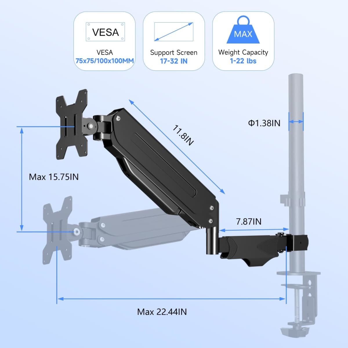 Pholiten Single Monitor Arm, Gas Type Display Arm, Double Articulated, 35MM Pole Mount, Supports 13-32Inches, Load Capacity 22.0 lbs, VESA 75-100mm MD8411DB thumbnail 2