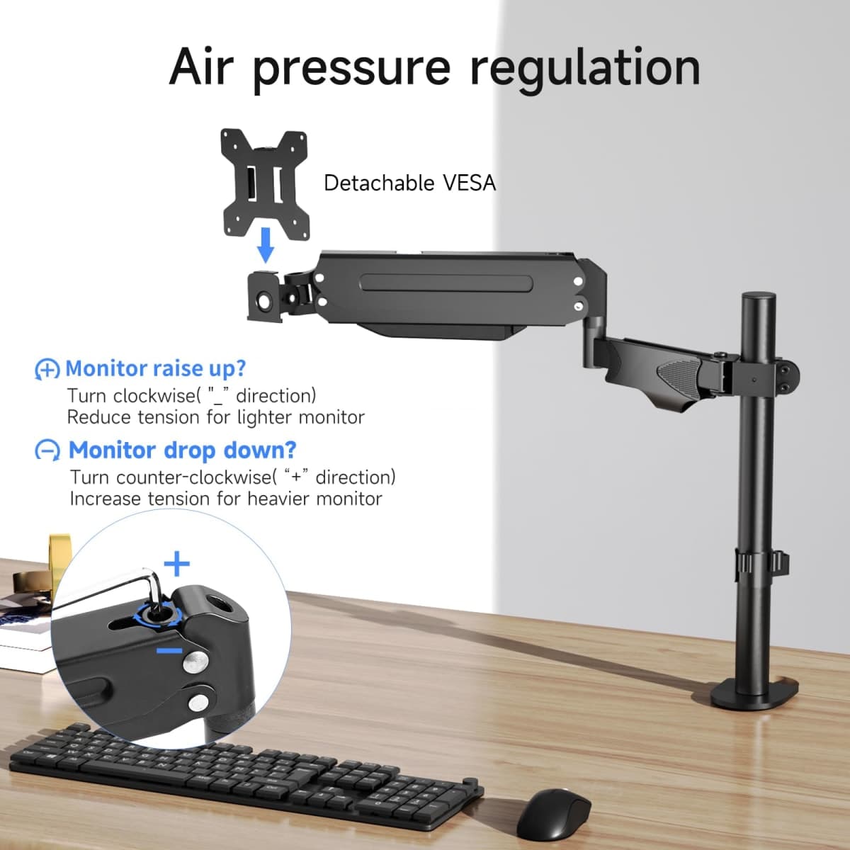Pholiten Single Monitor Arm, Gas Type Display Arm, Double Articulated, 35MM Pole Mount, Supports 13-32Inches, Load Capacity 22.0 lbs, VESA 75-100mm MD8411DB thumbnail 3