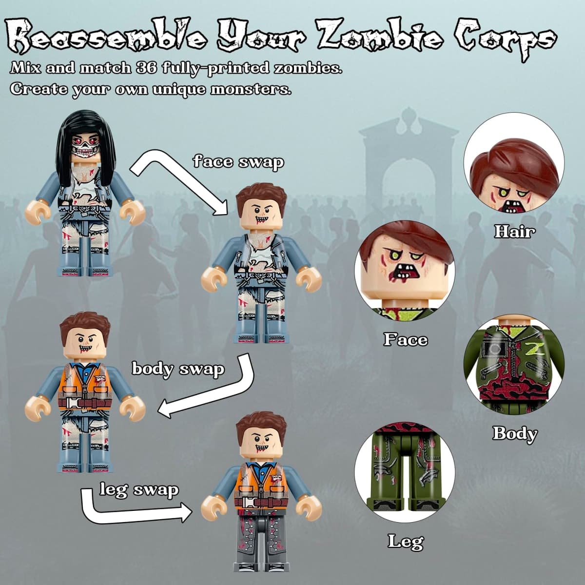 econoLED Minifigures, 36PCS Zombie Mini People Figurines, Horror Movable Building Bricks Minifigs, Easter Egg Stocking Stuffers Christmas Halloween Birthday Party Favors, Gift for Kids Boys Girls thumbnail 4