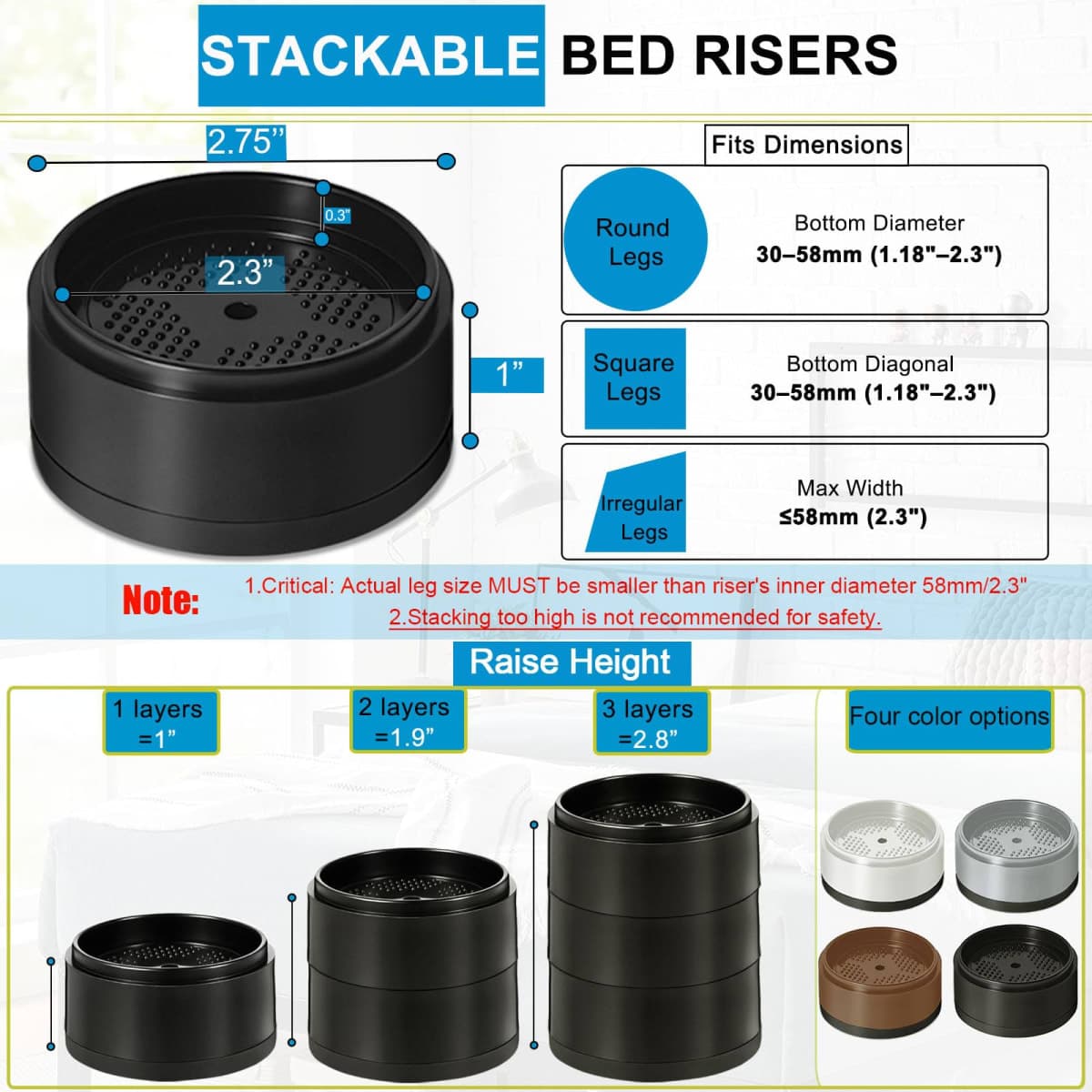 EGTTGIN 4 Pack Furniture Risers 1 Inch, Adjustable Bed Risers Heavy Duty for Table Desk Couch Chair Sofa Cabinet Bed Legs Dorm, Round Stackable Bed Raisers Blocks Lift Height 1", 2" or 3", Black thumbnail 2