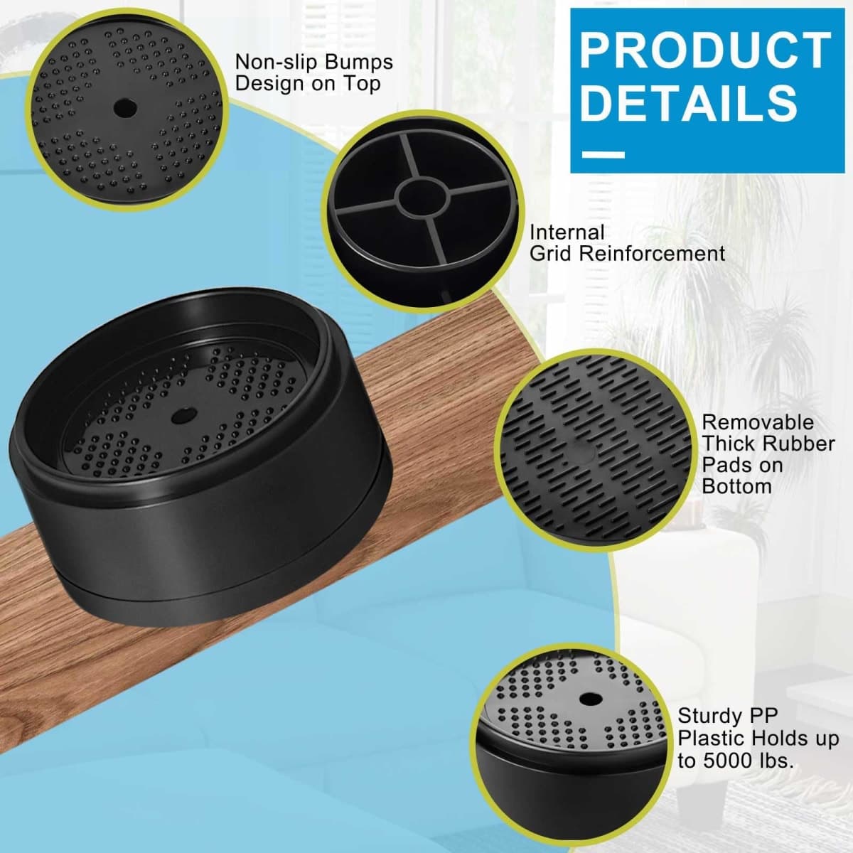 EGTTGIN 4 Pack Furniture Risers 1 Inch, Adjustable Bed Risers Heavy Duty for Table Desk Couch Chair Sofa Cabinet Bed Legs Dorm, Round Stackable Bed Raisers Blocks Lift Height 1", 2" or 3", Black thumbnail 5