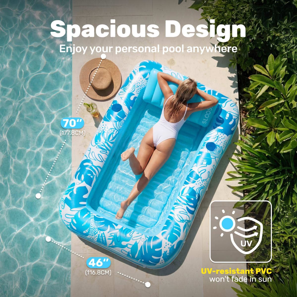 SLOOSH Inflatable Tanning Pool Lounger Float, 70" x 46" Pool Floats Adult with Pillow, 4 in 1 Suntan Tub Raft Floatie,Sunbathing Bed Lounge for Water Blow Up Kids Ball Pit Party Gifts, L-Blue thumbnail 2