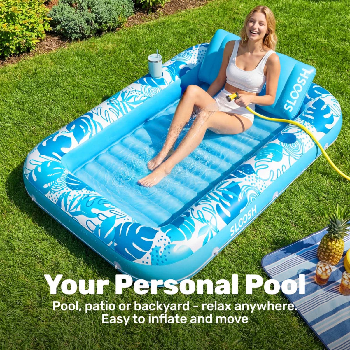 SLOOSH Inflatable Tanning Pool Lounger Float, 70" x 46" Pool Floats Adult with Pillow, 4 in 1 Suntan Tub Raft Floatie,Sunbathing Bed Lounge for Water Blow Up Kids Ball Pit Party Gifts, L-Blue thumbnail 3