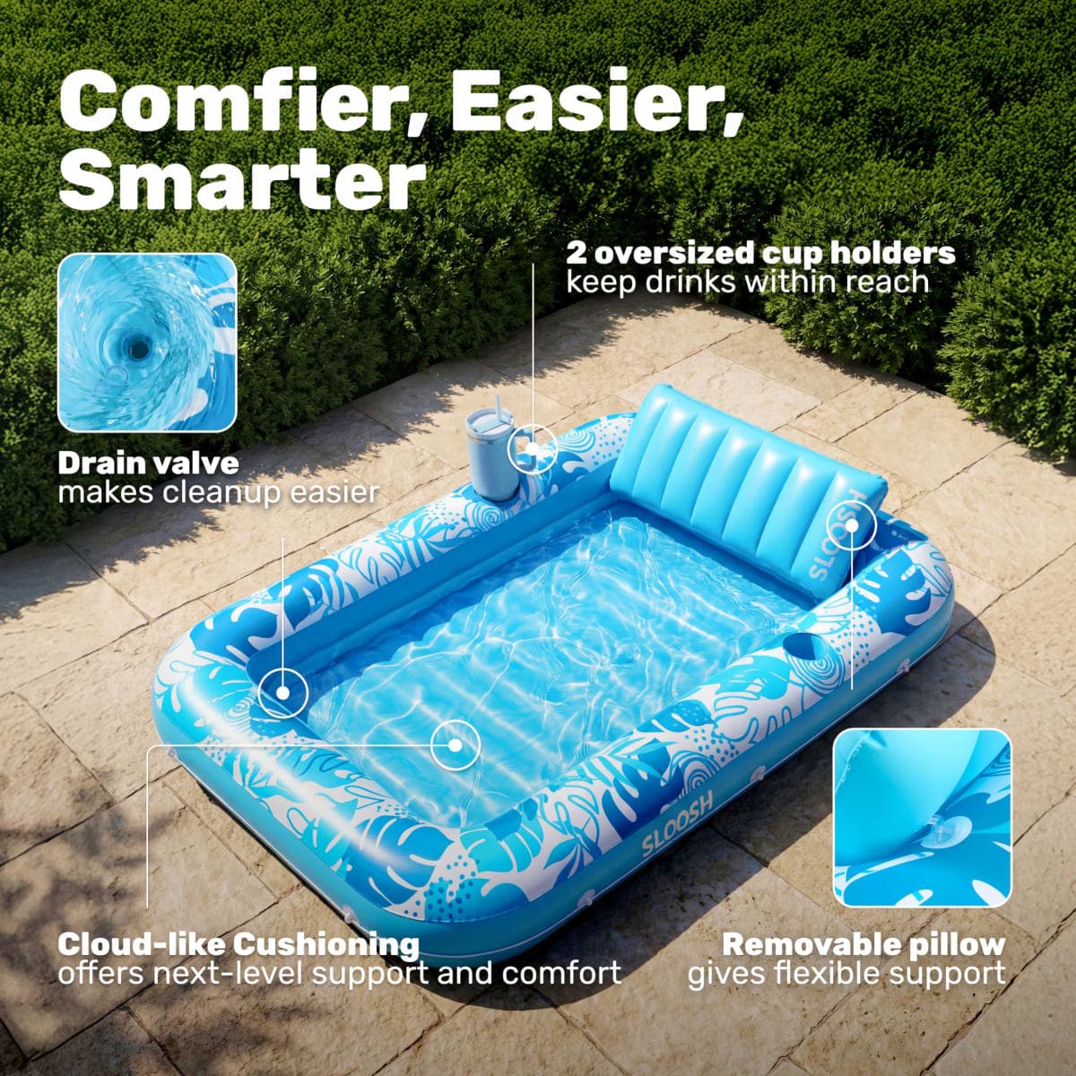 SLOOSH Inflatable Tanning Pool Lounger Float, 70" x 46" Pool Floats Adult with Pillow, 4 in 1 Suntan Tub Raft Floatie,Sunbathing Bed Lounge for Water Blow Up Kids Ball Pit Party Gifts, L-Blue thumbnail 4