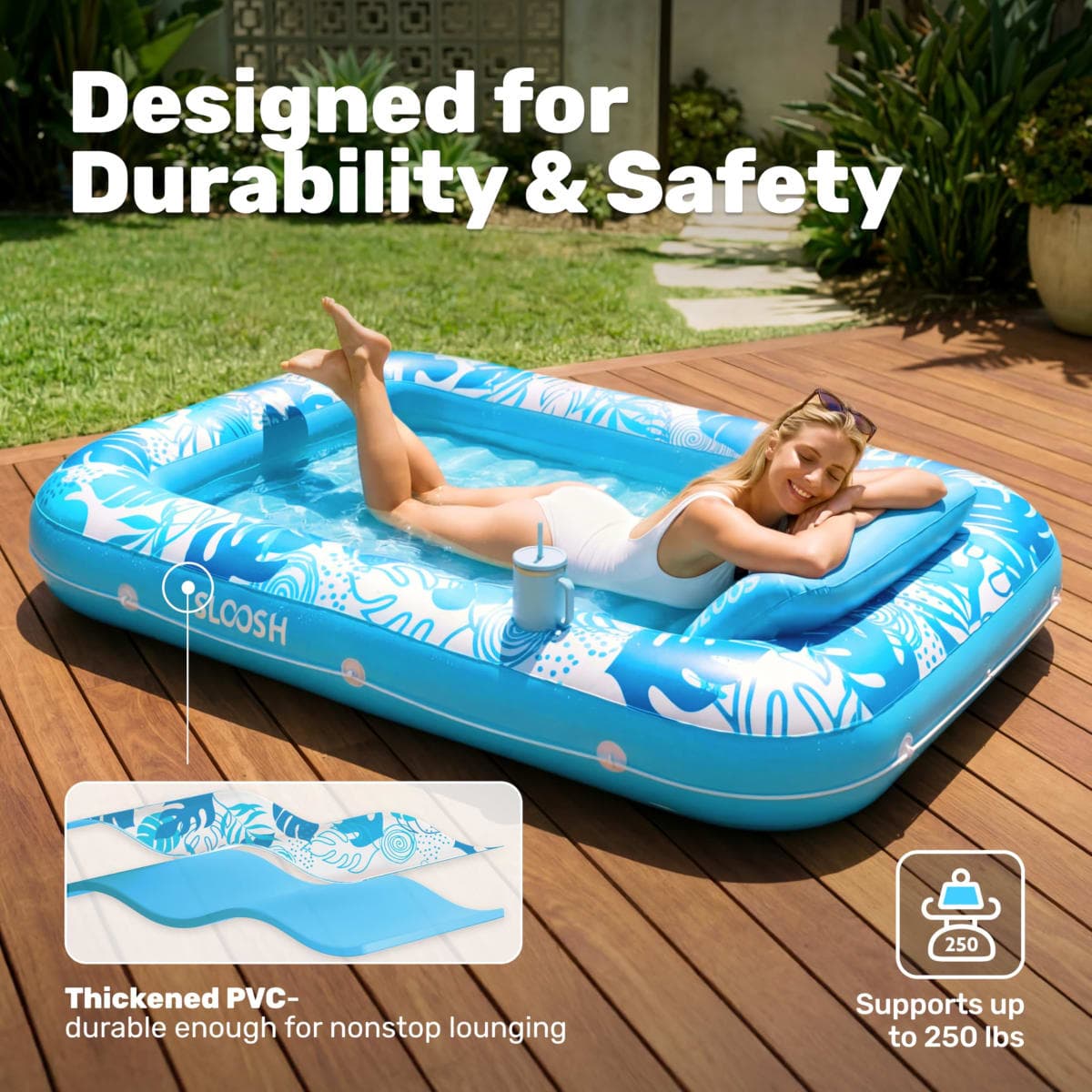 SLOOSH Inflatable Tanning Pool Lounger Float, 70" x 46" Pool Floats Adult with Pillow, 4 in 1 Suntan Tub Raft Floatie,Sunbathing Bed Lounge for Water Blow Up Kids Ball Pit Party Gifts, L-Blue thumbnail 5