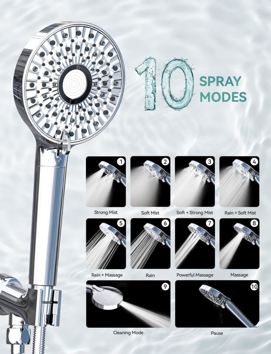 9-Setting Shower Head with Handheld High Pressure Hand held Shower Head Chrome Detachable Showerhead Set with 59 Inch Stainless Steel Hose and Adjustable Showerhead Holder thumbnail 4