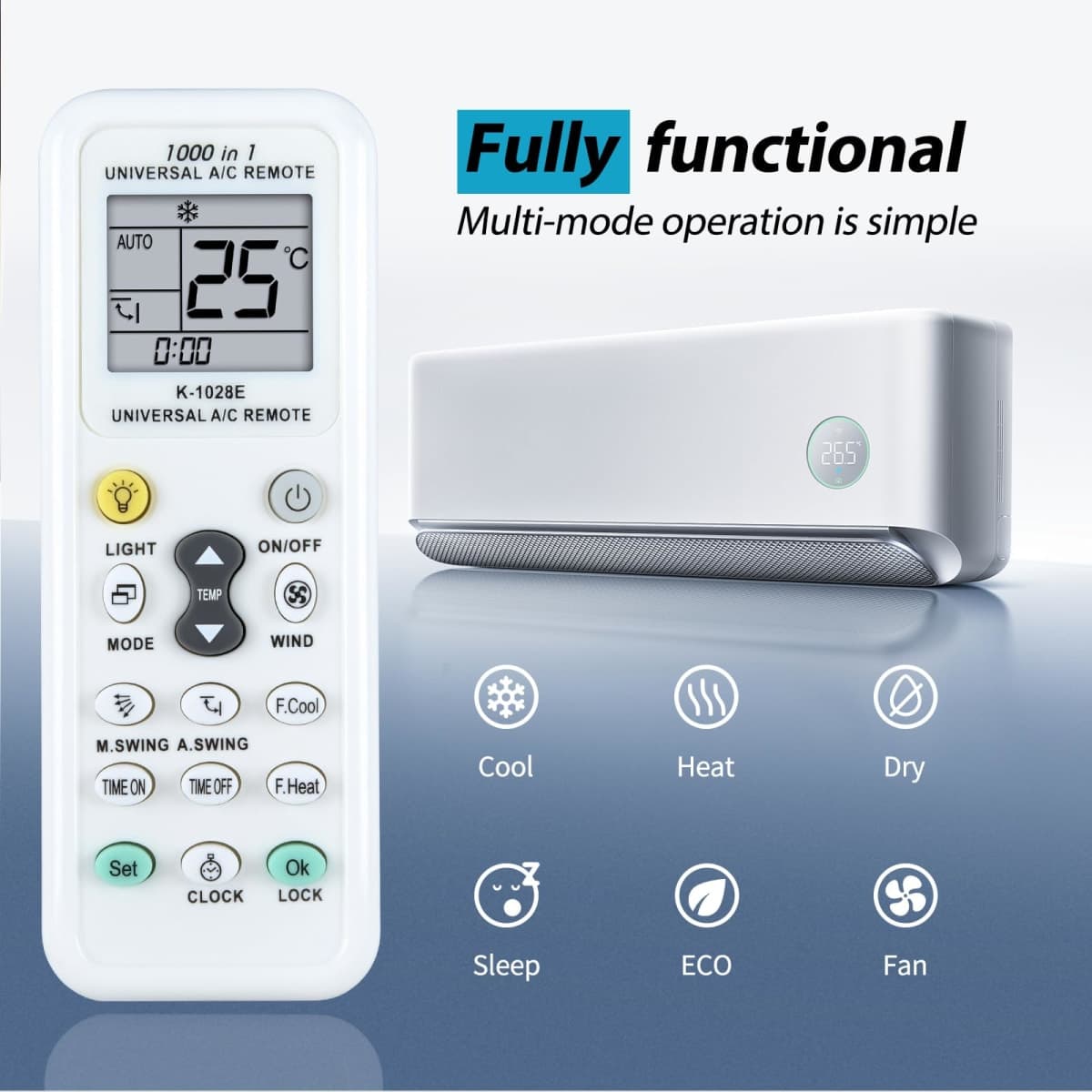 Universal K-1028E Air Conditioner Remote LCD A/C Conditioning Controller 1000 in 1 for Mitsubishi Toshiba HITACHI FUJITSU GREE ELECTROLUX SANYO AUX Daewoo LG Sharp Samsung HAIER Huawei Air Condition thumbnail 4