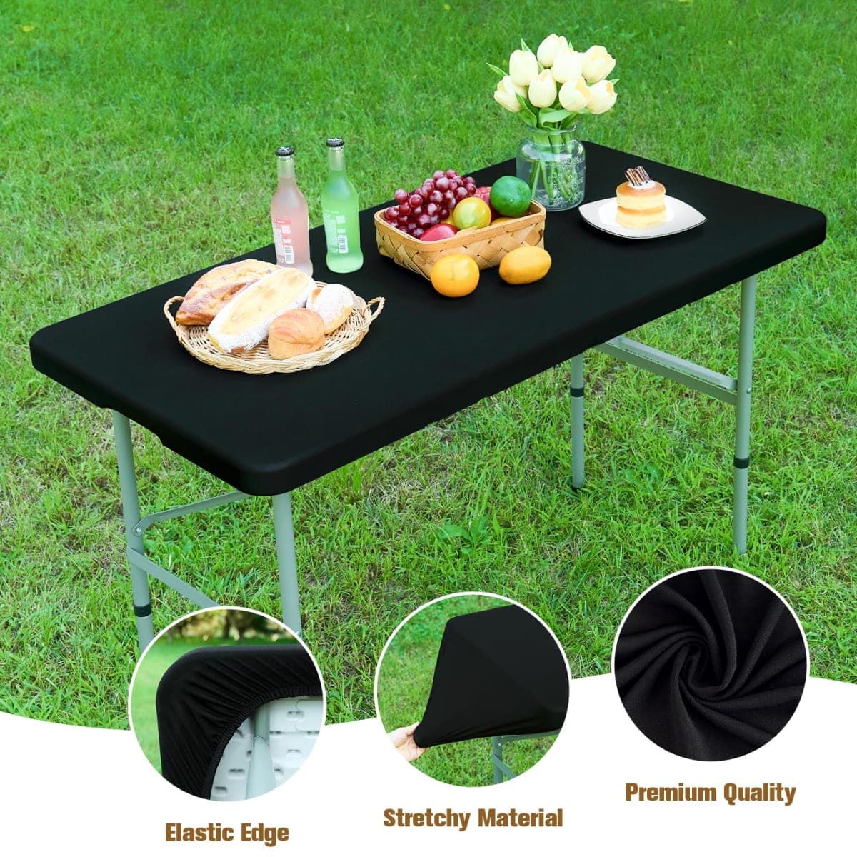 Fitted Rectangle Tablecloth 24 x 48 Inch Elastic Table Cloth for 4ft Table, Stretch Spandex Table Cover Black Washable Polyester Table Top Cap Cover for Dining Picnic Camping Indoor and Outdoor thumbnail 2
