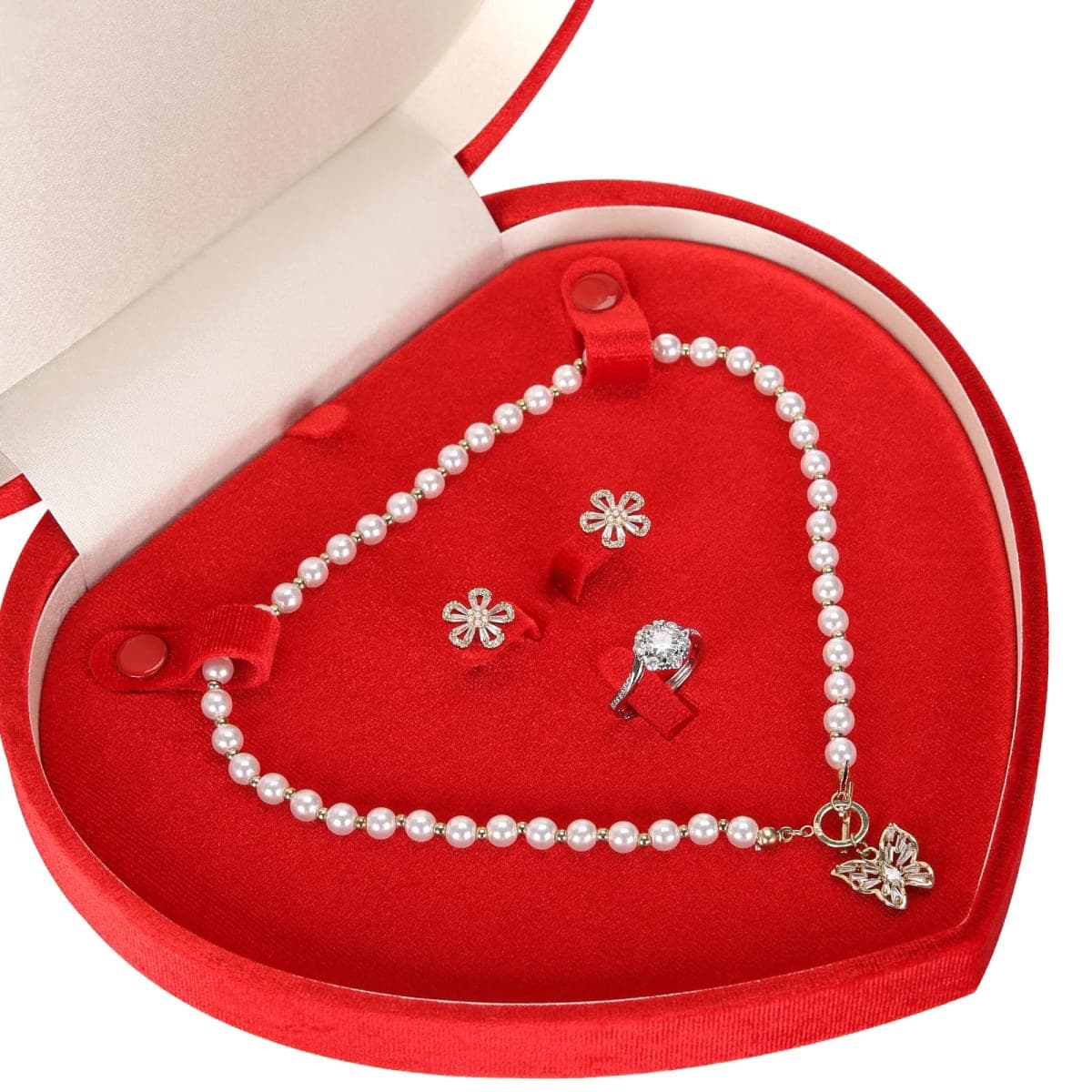 LETURE Large Jewelry Set Gift Box, Heart-Shaped Velvet Necklace Ring Earring Pearl Storage Organizer Holder Box (RED) thumbnail 3
