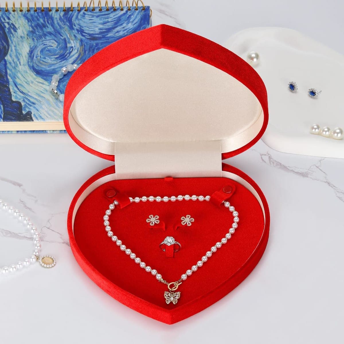 LETURE Large Jewelry Set Gift Box, Heart-Shaped Velvet Necklace Ring Earring Pearl Storage Organizer Holder Box (RED) thumbnail 5